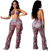Women Halter Tether Printed Summer Two Piece Pants Set Bikini  M8597