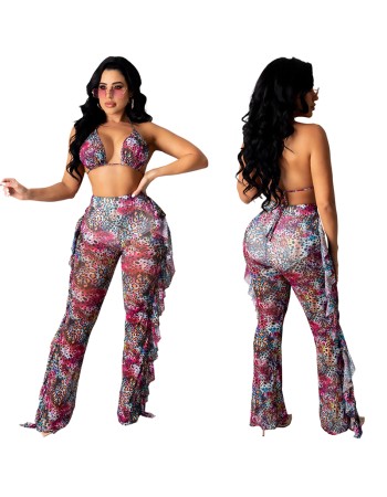 Women Halter Tether Printed Summer Two Piece Pants Set Bikini  M8597