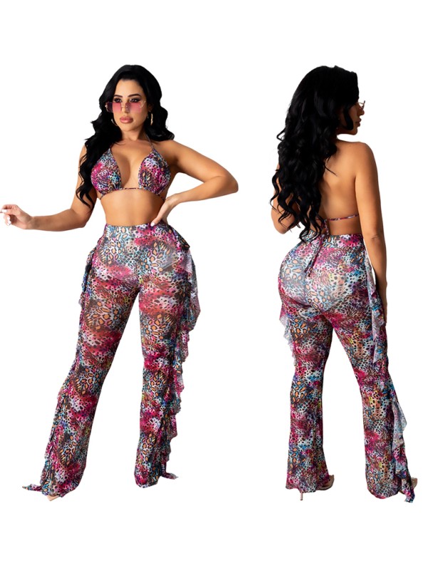 Women Halter Tether Printed Summer Two Piece Pants Set Bikini  M8597