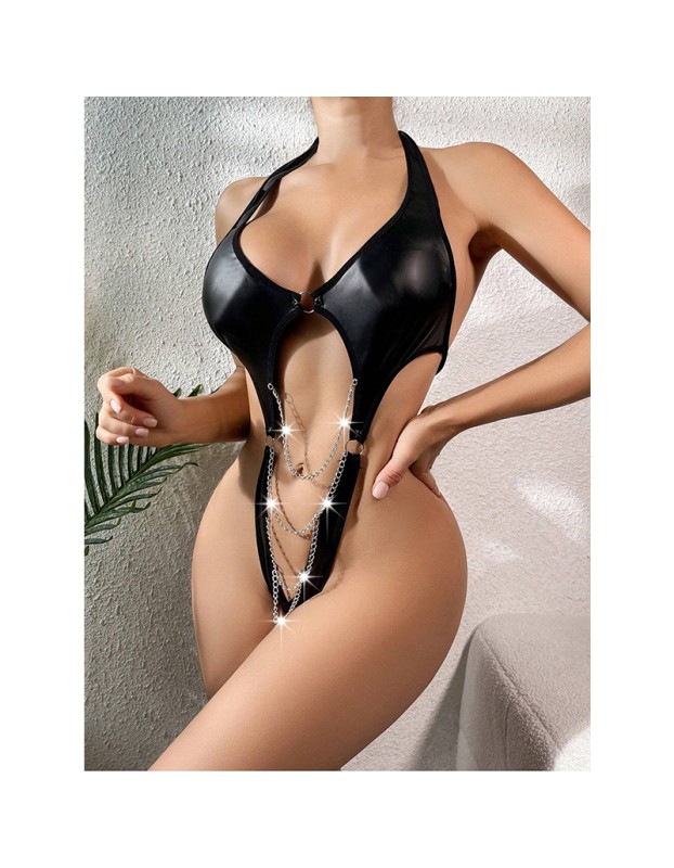 Sexy Women's Black Patent Leather Bracelet Game Outfit Jumpsuit YSF742