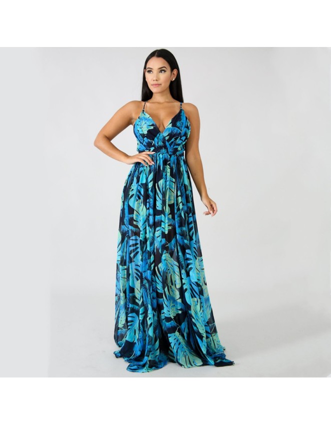Fashion Ladies Summer Print Floral Boho V Neck Beach Casual Maxi Dresses Long M8212