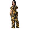 Plus Size Short Sleeved Printing Shoulder Two Piece Long Pants Set 8615