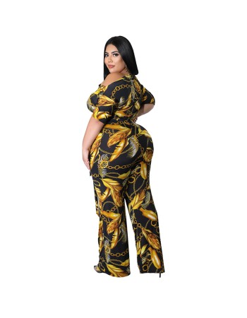 Plus Size Short Sleeved Printing Shoulder Two Piece Long Pants Set 8615