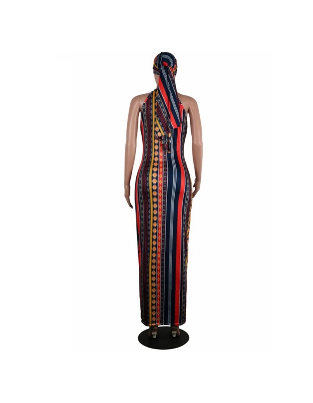 High Stretch Sexy Striped Bodycon Dress With Head Scarf M8288