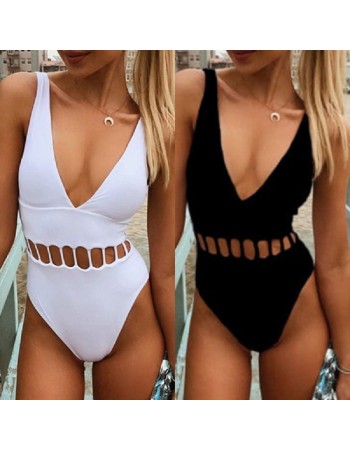 Deep V Neck Sexy Black White Women Hollow Out One Pieces Swimsuit XM1001