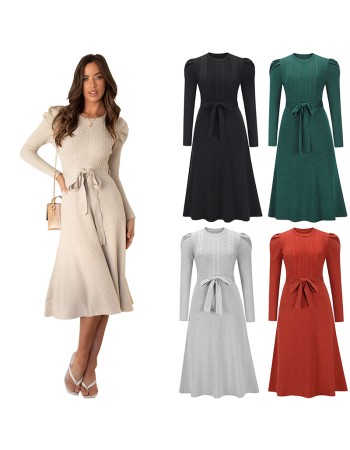 Mid-Length Wool Knit Puff Sleeve Casual High Waisted Loose Fall Dresses LQ163