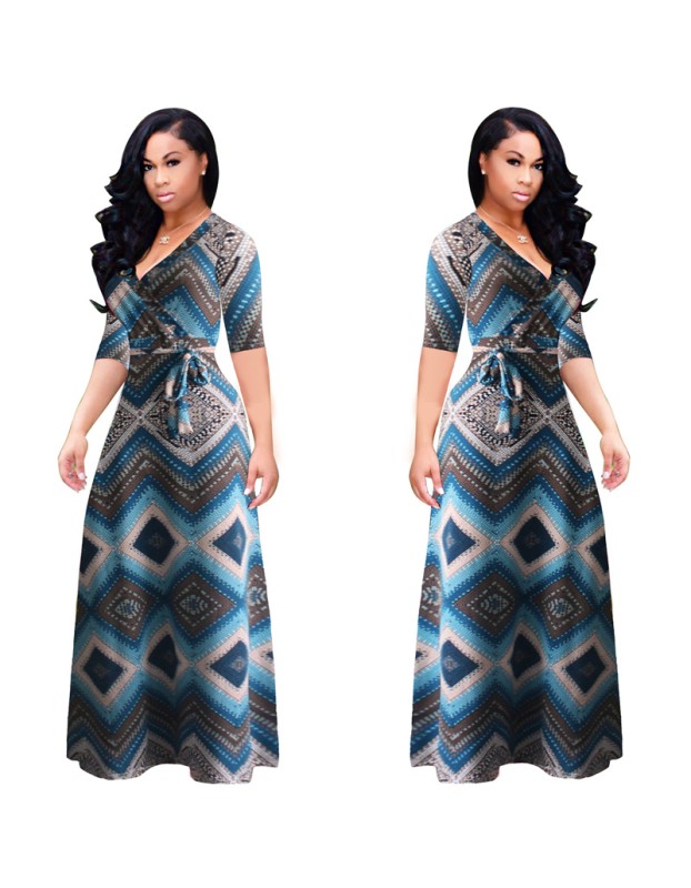 Vintage boho style geometric print half sleeve dresses M8409