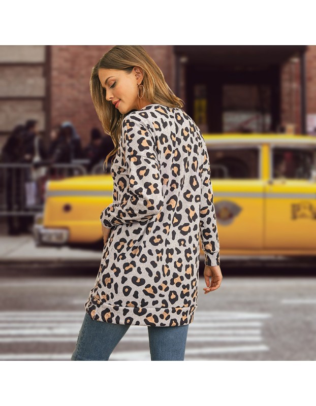 Round Neck T-Shirt Slim Long Casual Leopard Print Bottoming LQ082