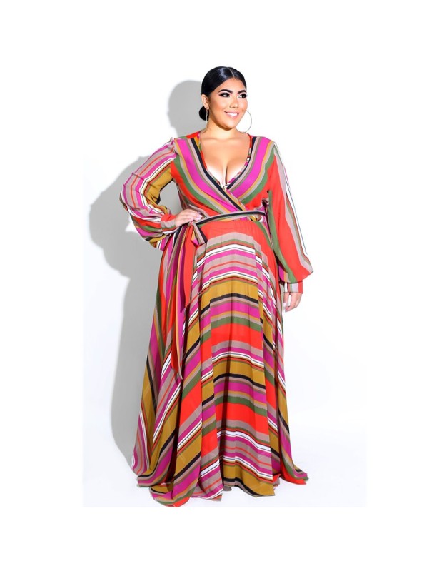 5XL 6XL Lady Elegant Sexy V Neck Floral Print Bandage Long Maxi Dress M9026
