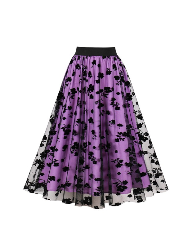 Mesh Double Flocking Floral Skirt With Waist Floral Print Women Full Skirt 5047