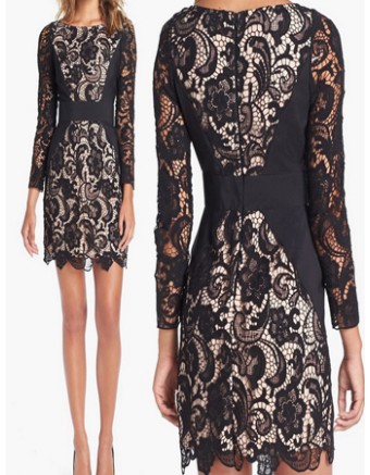 Long Sleeve Crochet Lace Panel Bodycon Pencil Dress M3862