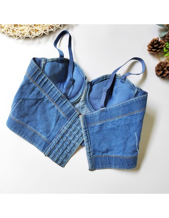 Denim Blazer Shaped Top With Chest Pad Nailed Beaded Vest 8972