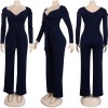 Womens Solid Sexy Deep V Neck Full Sleeve Jumpsuits Belt M9202