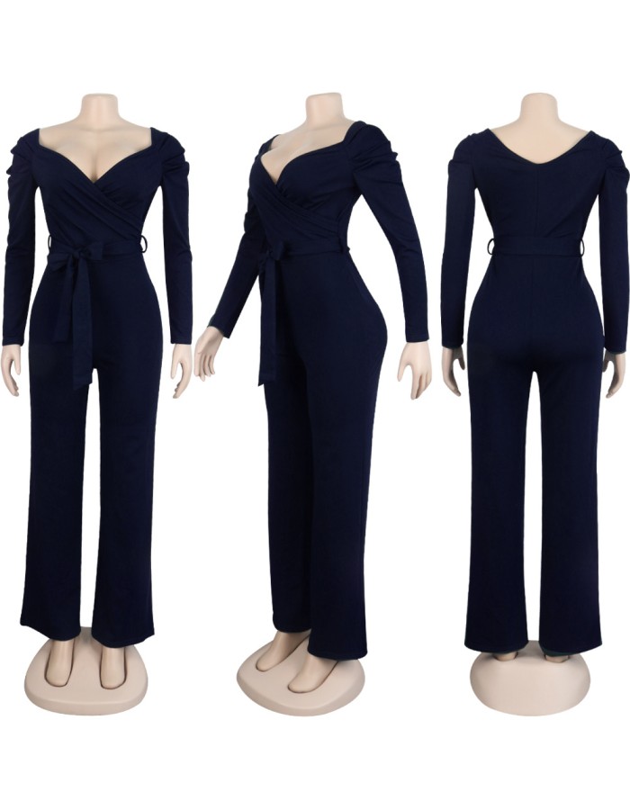 Womens Solid Sexy Deep V Neck Full Sleeve Jumpsuits Belt M9202