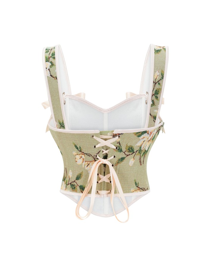 Green Vintage Floral Halter Corset Vest Cropped Tops 22053