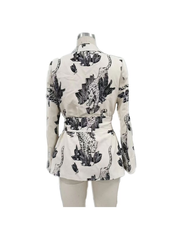 Splash-Ink Flower Print Dress Vintage Tie Waist Suit Jacket Woman Sexy Skirt 5176