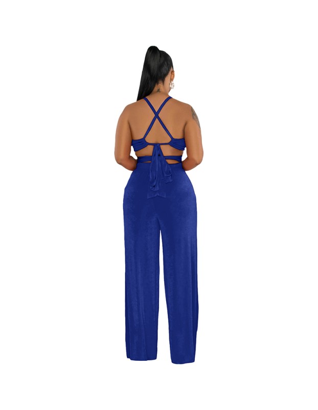 Women's Halter Cross-Strap Solid Color Wide-Leg Pants Two Piece Set 9428
