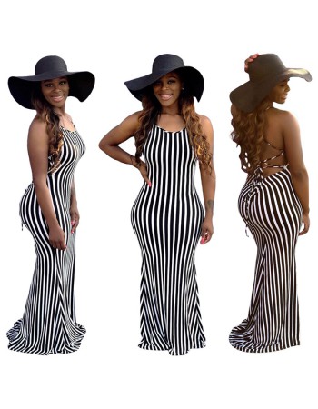 Fashion Striped Sexy Summer Strappy Halter Sexy Women Dress 8620