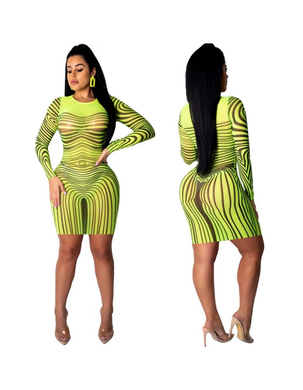 Long Sleeve Striped Mesh Sexy Bodycon Dresses M8366