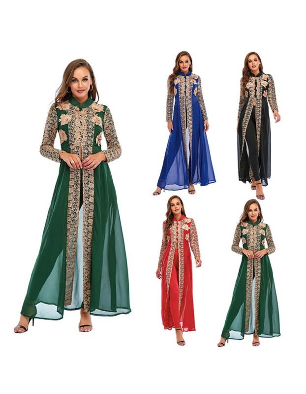 Chiffon Small Stand Collar Lace Long Sleeved Two Piece Suit Floral Print Dress 0952