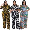 Plus Size Short Sleeved Printing Shoulder Two Piece Long Pants Set 8615