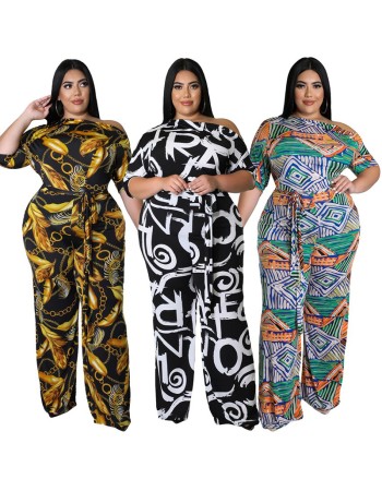 Plus Size Short Sleeved Printing Shoulder Two Piece Long Pants Set 8615