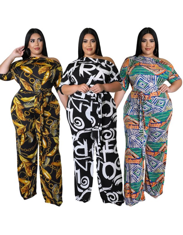 Plus Size Short Sleeved Printing Shoulder Two Piece Long Pants Set 8615