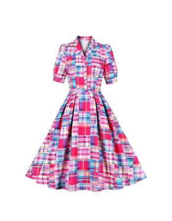 Women Elegant Casual Plaid Printed Vintage Pinup Rockabilly Hepburn Swing Dress M5167