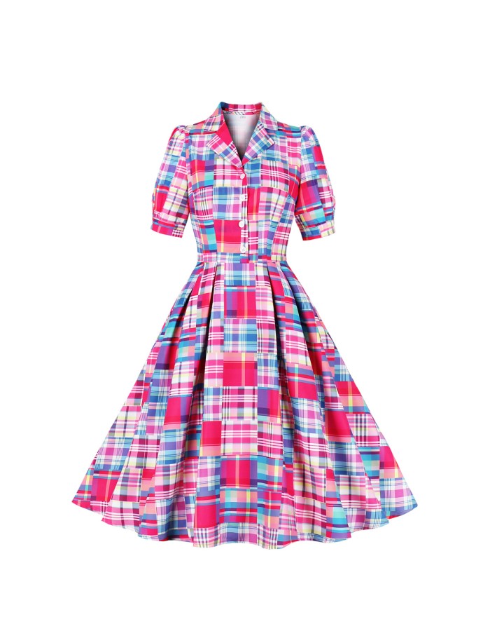 Women Elegant Casual Plaid Printed Vintage Pinup Rockabilly Hepburn Swing Dress M5167