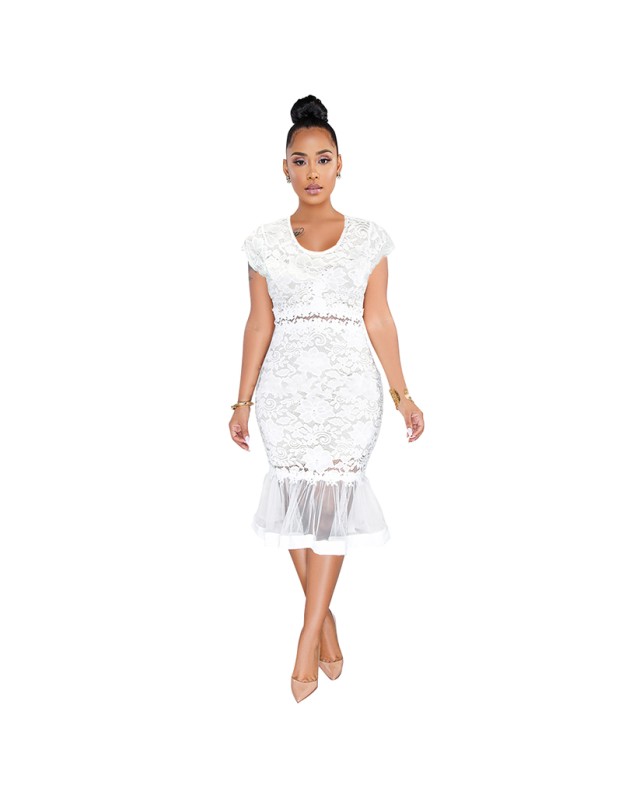 round neck lace mermaid  see-through  party midi dress M30173