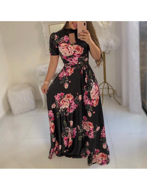 Casual Short Sleeve Long Boho Floral Print Maxi Dress M8410