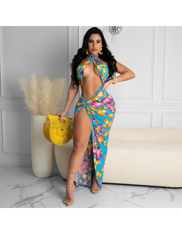 Casual Beach Split Fork Floral Print Backless Maxi Dress M8603