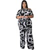 Plus Size Short Sleeved Printing Shoulder Two Piece Long Pants Set 8615