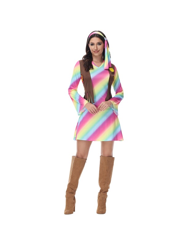 Sexy Halloween Gradient Striped Skirt Long Sleeve Cosplay Indian Dress Costume MS1781