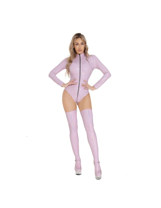 Women Sexy Zipper Jumpsuit Mirror Dazzling Open Crotch Bright Leather Bodysuit XX6916-1