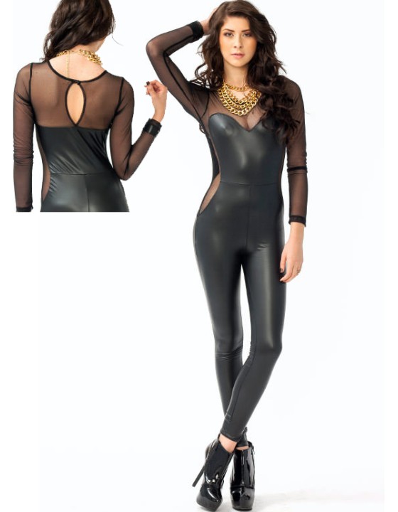 Black Sexy Mesh and Leather bodysuit M7217