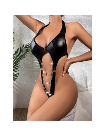 Sexy Women's Black Patent Leather Bracelet Game Outfit Jumpsuit YSF742