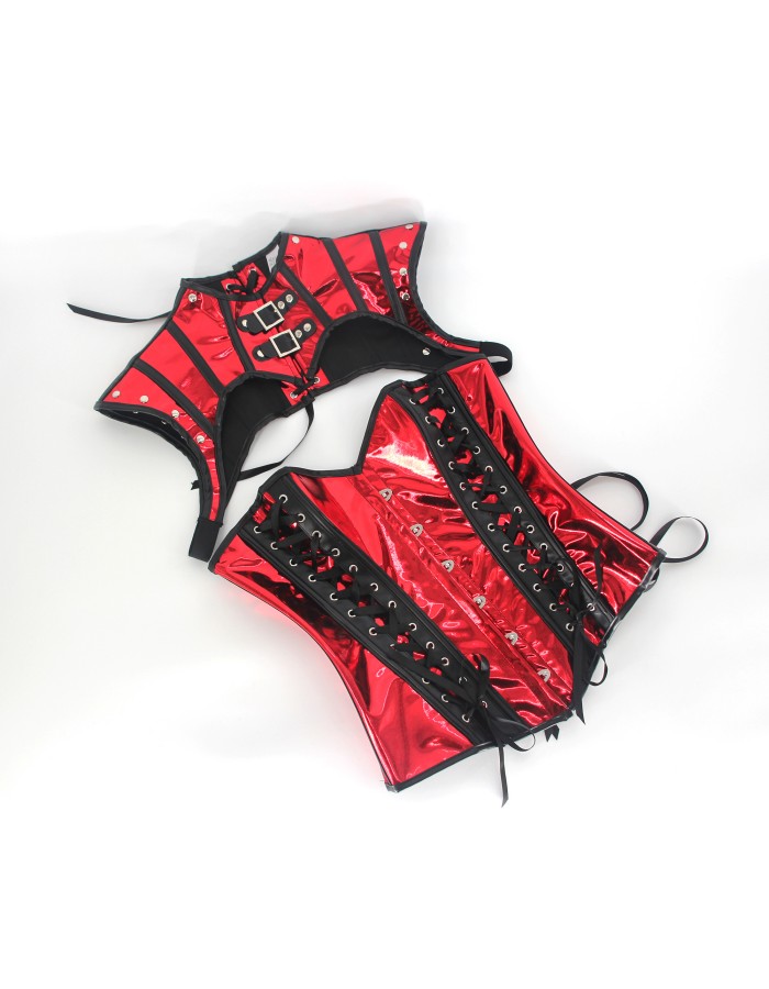 Retro Shiny Metallic Faux Leather Corset Set Women Overbust Bustier Femme Punk Clothing WK2304b