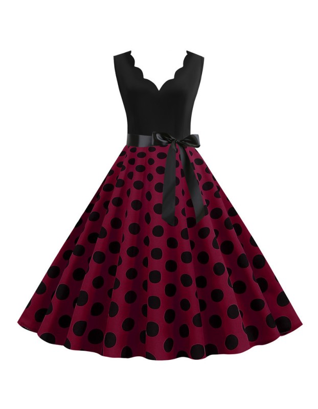 Burnt Polka Print Dot Office Wear Sleeveless V-neck White Dress JY14721