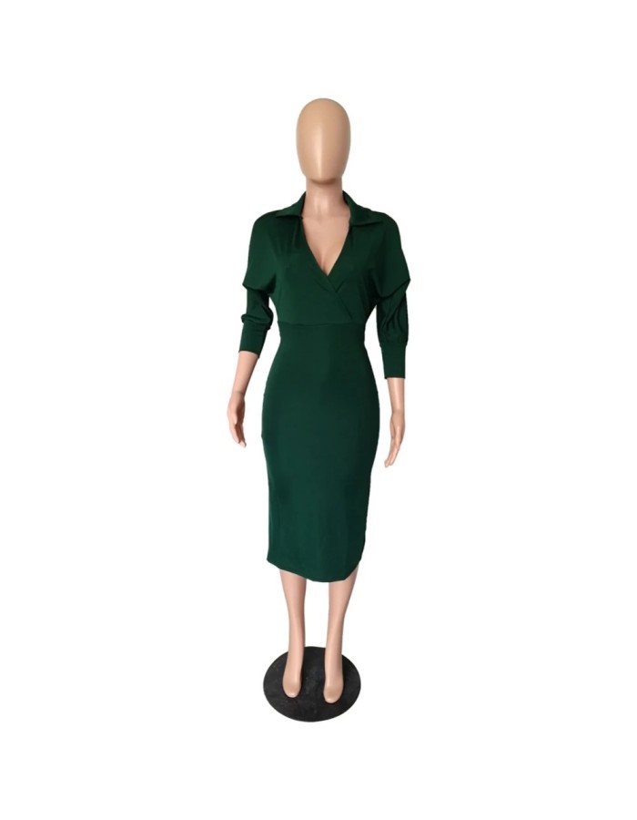 Elegant V Neck Batwing Sleeve Knee Length Bodycon Dress m8385