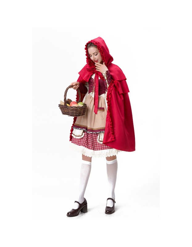 Halloween Maid  Adult Red Plaid Dress Cosplay Red Cape Play Costume YM8735