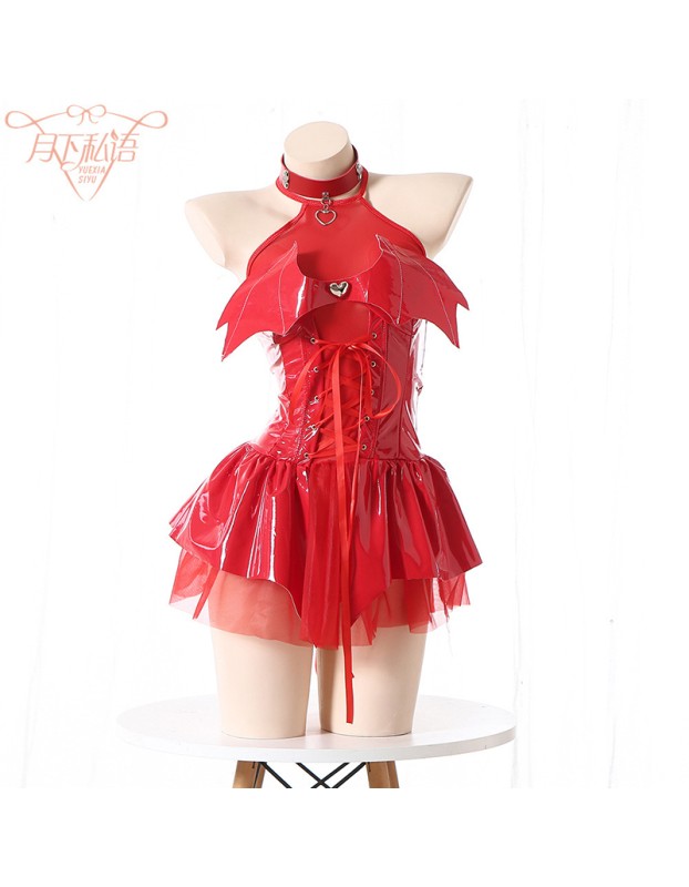 Women Imp Bat Patent Leather Witch Dress Costume Daemon Uniform Cosplay FSM096