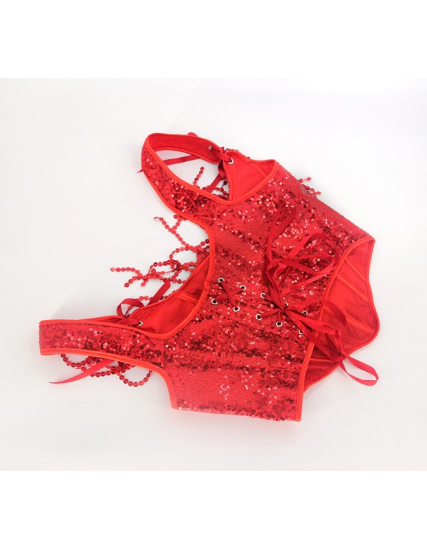 2023 Court Sexy Women Red Fringe Corset Little Sequin Vest Lacing Bustier WK2311