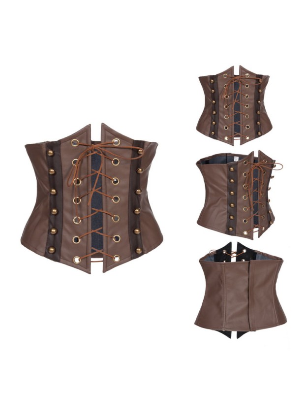 Gothic Steampunk Leather Court PU Dark Vintage Sexy Lace Up Corset Top H3821