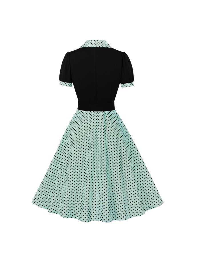 Women's 50s 60s Vintage Polka Dot Print Pin Up Rockabilly Dress With Belt M5173