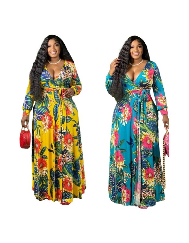 Women V-Neck Vintage Sexy Floral Halter Plus Size Casual Dress 86117