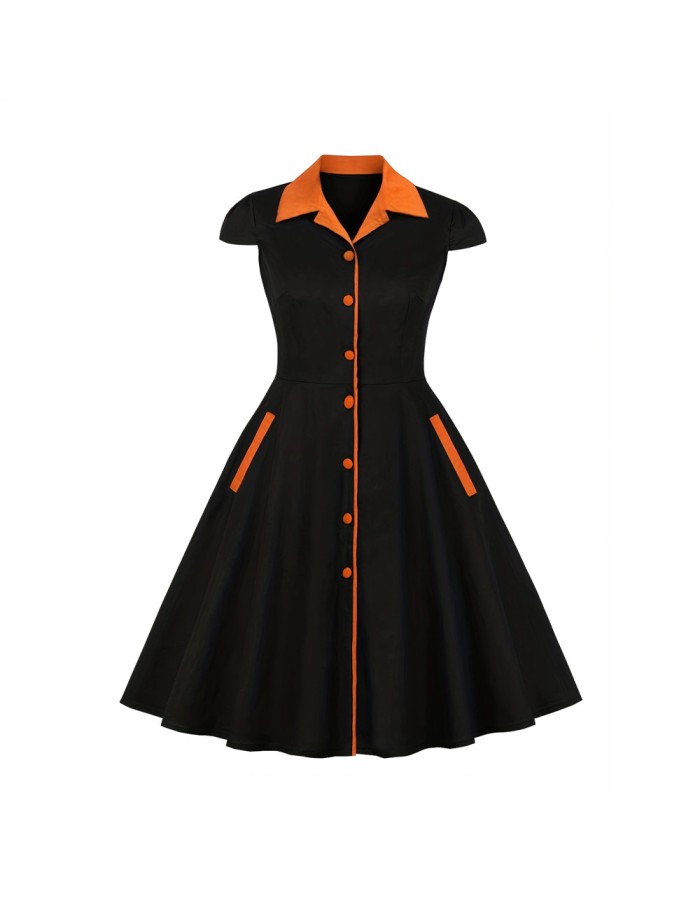 5XL Big Size Elegant Ladies Single-Breasted Vintage Pinup Swing Dress 1729A