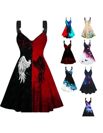 Sexy Halloween Print Dresses Ladies Elegant Sleeveless Women Dress Gothic Robe M5153
