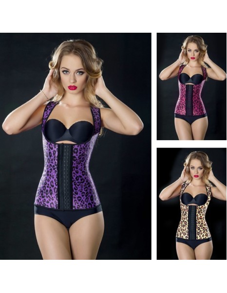 Charming women purple leopard latex corsets steel bone corsets M1307B