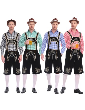 German Traditional Oktoberfest Plaid Shirt Men Beer Suspender Suit Costume YM3645